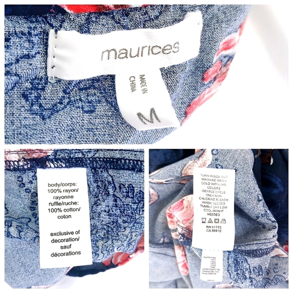 Maurices Navy Floral Ruffle Sleeve Blouse Square Neck Size M - Picture 4 of 4